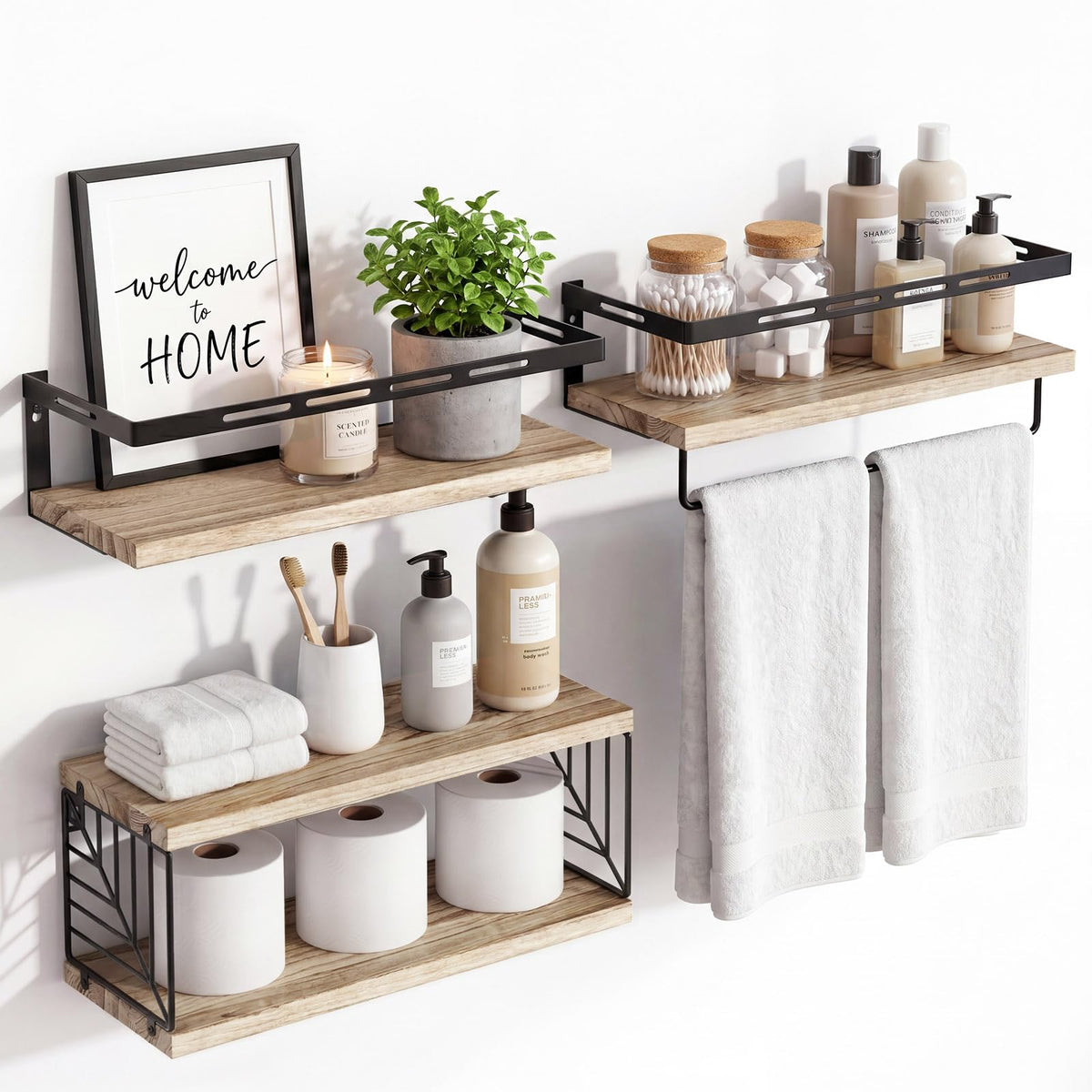 Fixwal bathroom shelves over toilet with wood and metal frame for organized space.