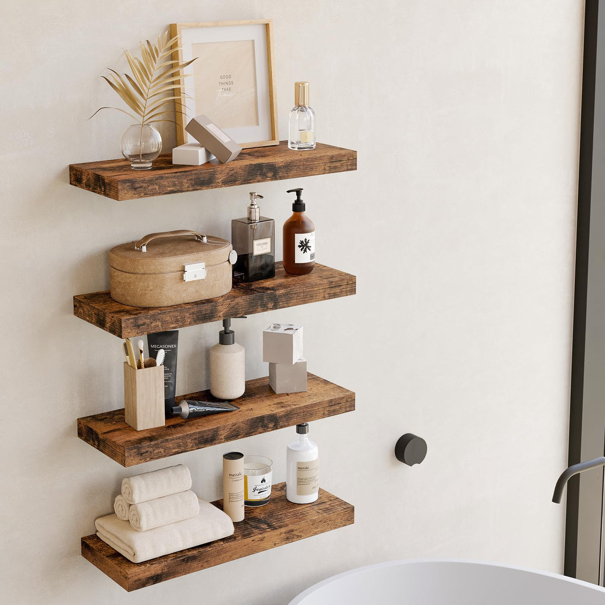 Fixwal bathroom shelf displaying toiletries in tidy arrangement