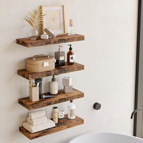 Fixwal bathroom shelf displaying toiletries in tidy arrangement