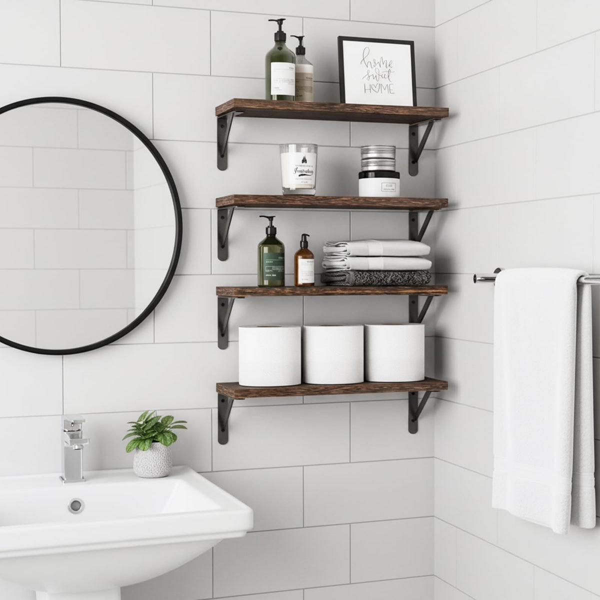 Fixwal bathroom display for toiletries and towels.