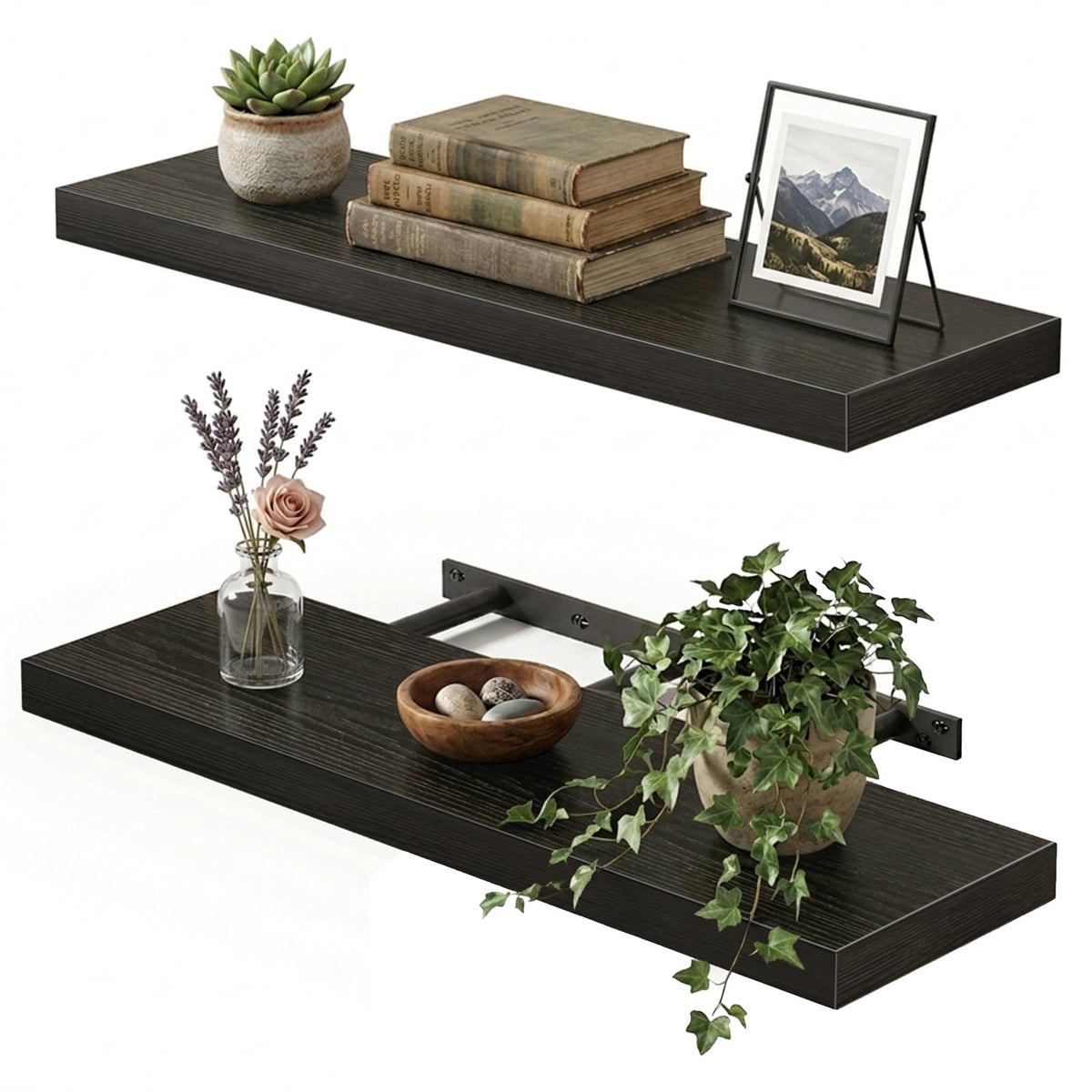 Fixwal black floating shelf mounted on wall showing 22-inch storage potential
