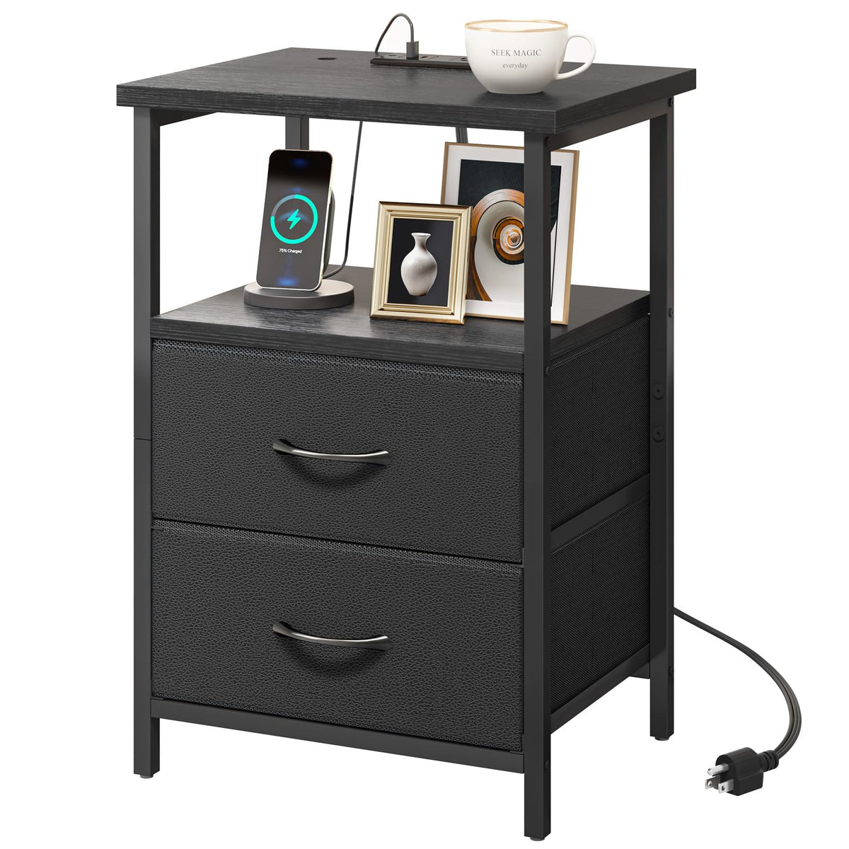 Fixwal Black Night Stand with Charger Station, top view highlighting bedside charging convenience
