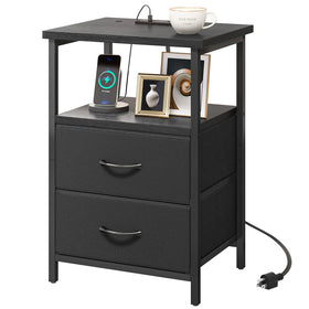 Fixwal Black Night Stand with Charger Station, top view highlighting bedside charging convenience