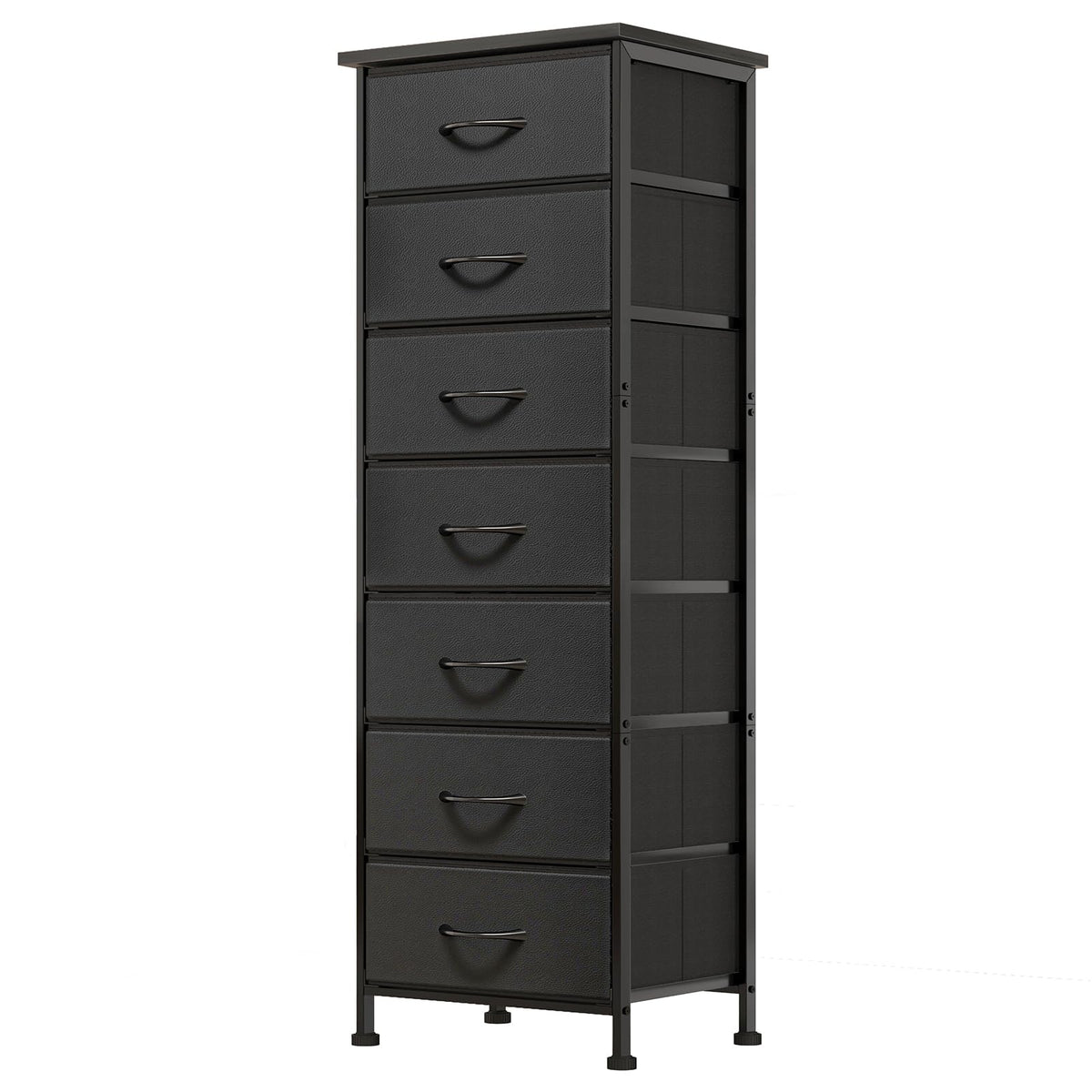 Fixwal black tall skinny dresser with seven fabric drawers for compact bedroom storage.