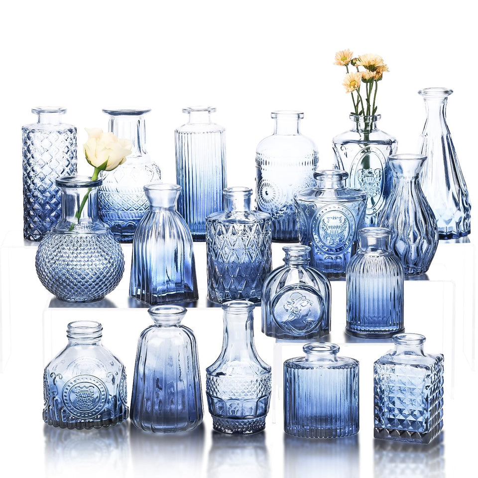 Fixwal blue bud vase close-up, vintage glass, ideal for rustic table decor
