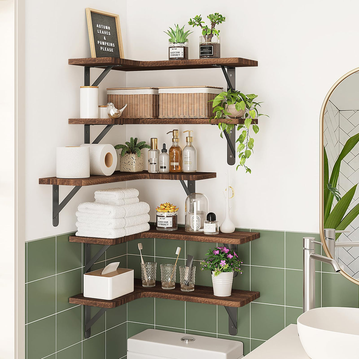 Fixwal corner shelves dark carbonized finish blends rustic style with practicality.