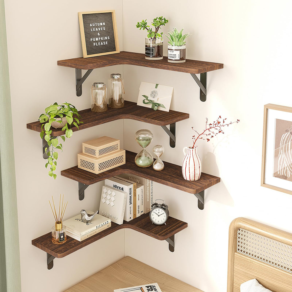 Fixwal corner shelves kitchen use holds spices and cups neatly.