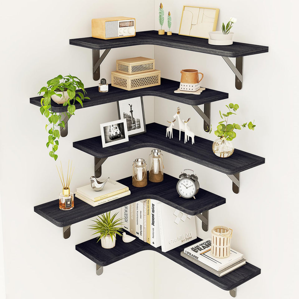 Fixwal corner shelves set 5 front view showing space-saving corner display