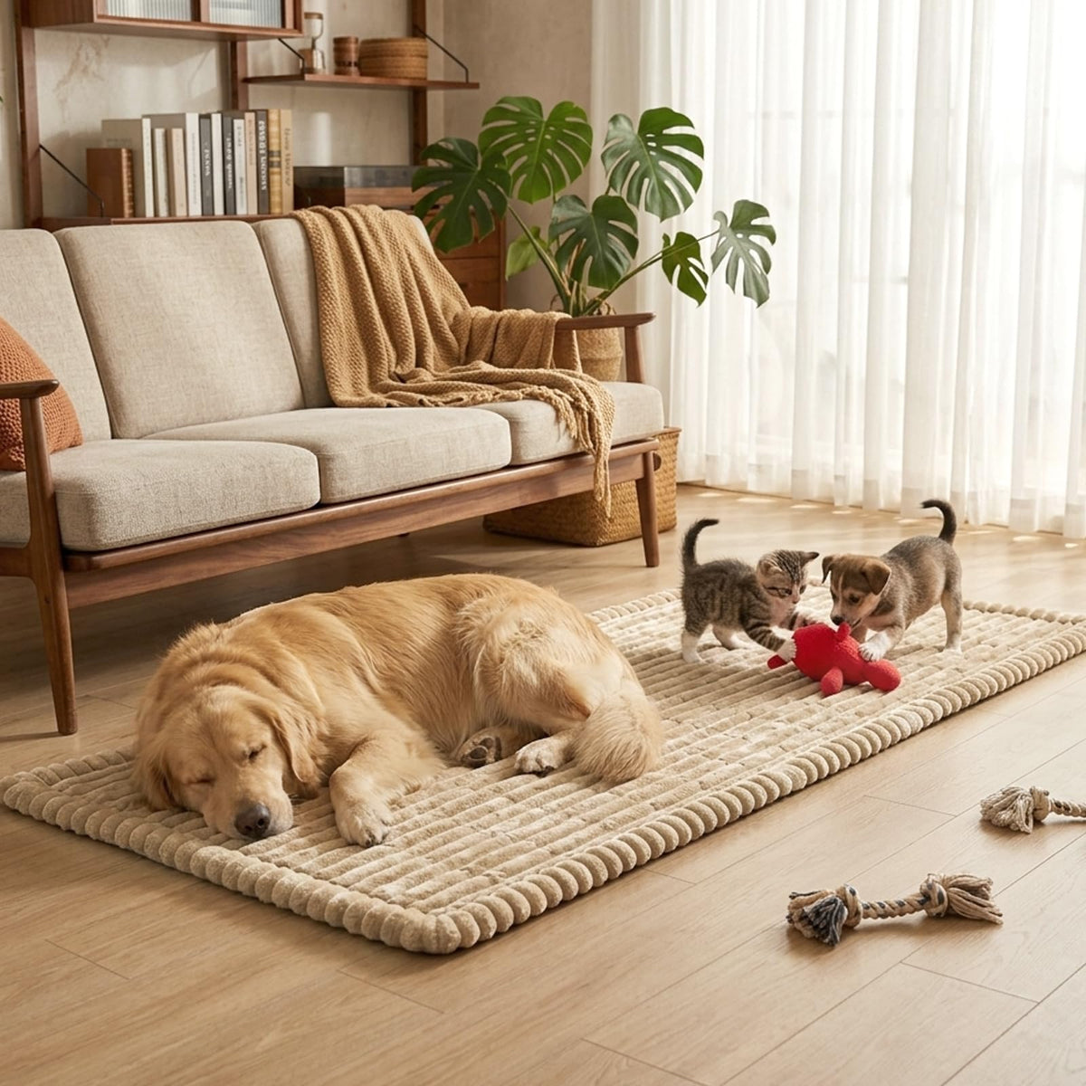Fixwal couch cover on living area sofa with family and pet.