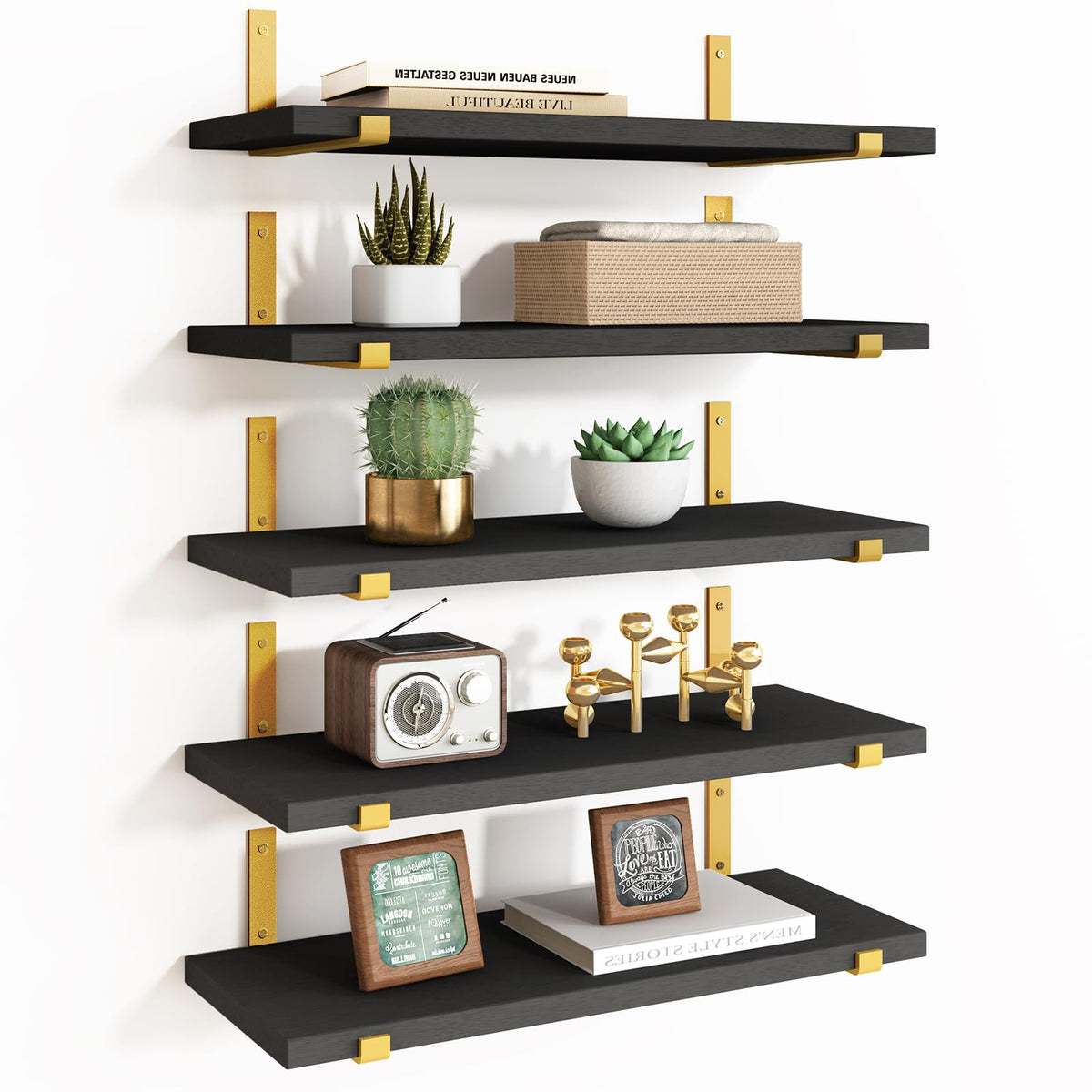 Fixwal floating black gold shelves collection shows rustic wood and metal brackets for stylish storage