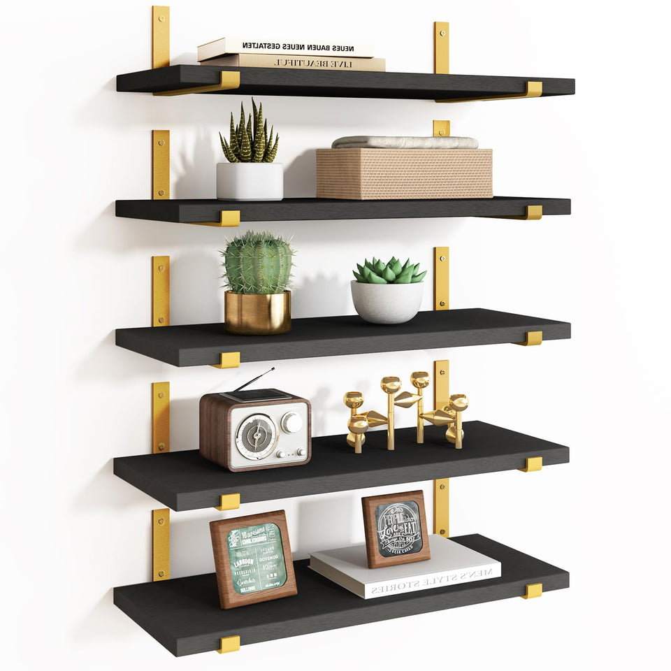 Fixwal floating black gold shelves collection shows rustic wood and metal brackets for stylish storage