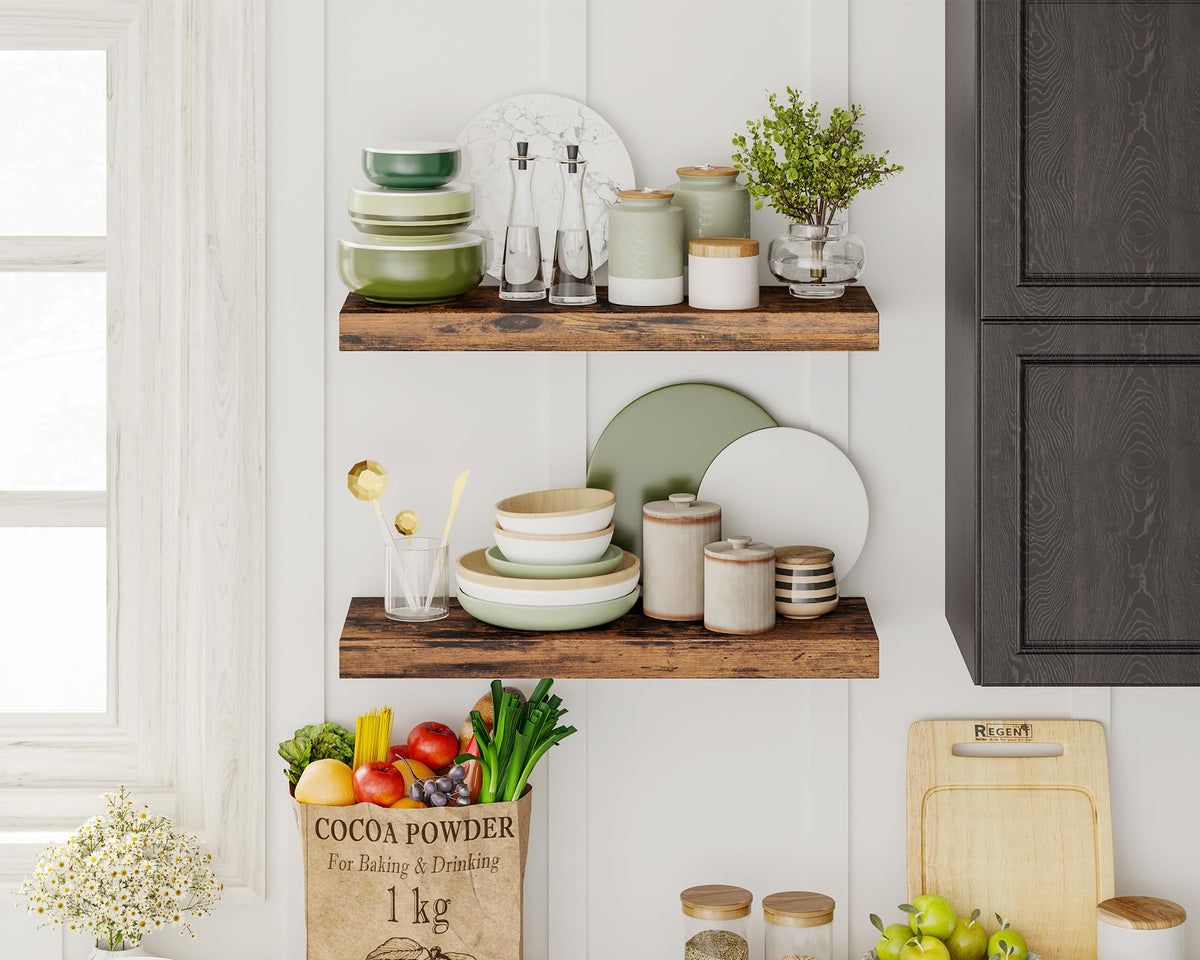 Fixwal floating shelves living room decor for collectibles and photos.