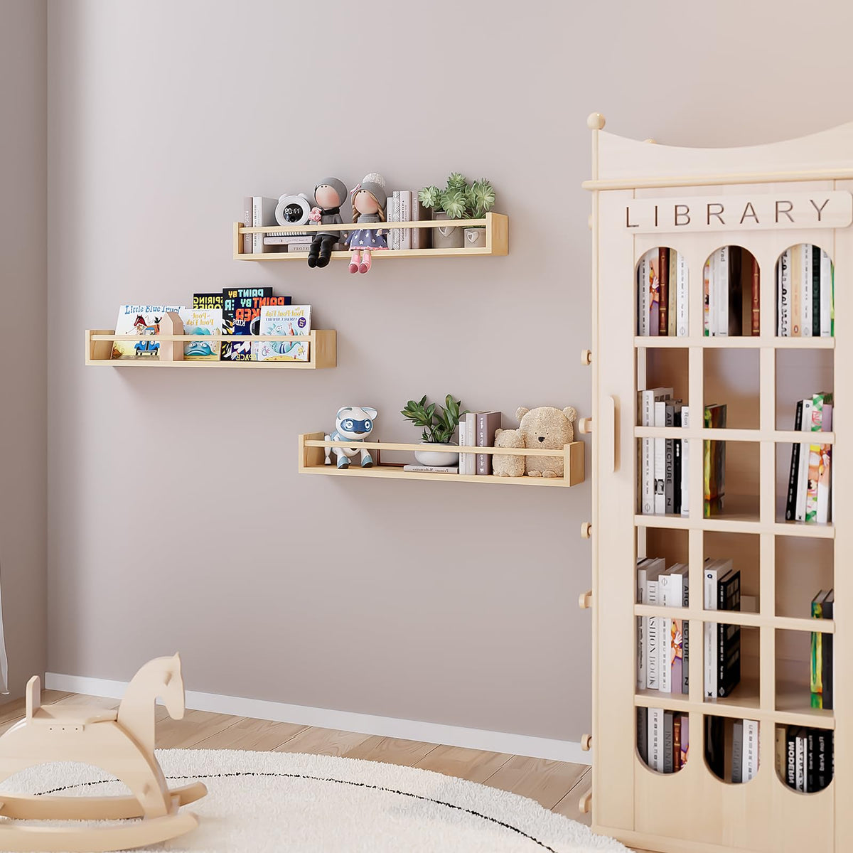 Fixwal floating shelves for nursery keeps books and toys within easy reach.