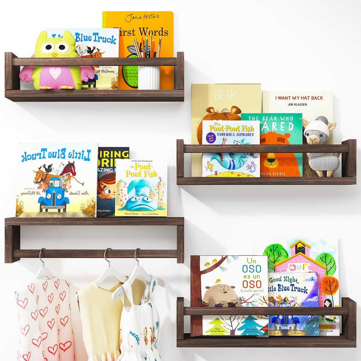 Fixwal floating shelves set of four on wall with warm brown pine finish for kids’ rooms.