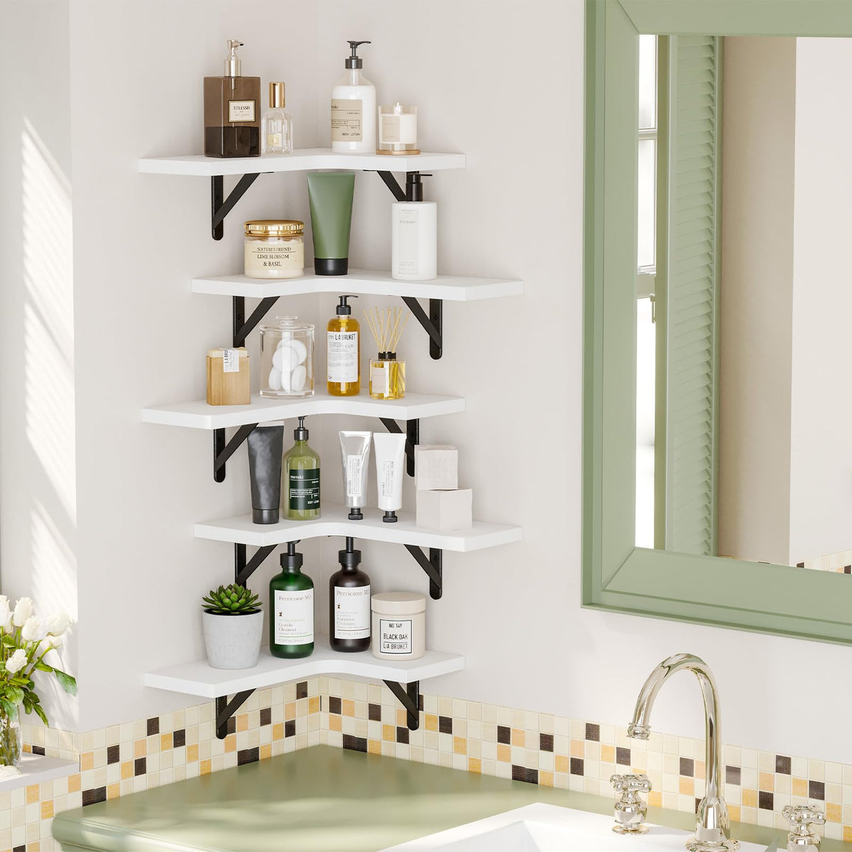 Fixwal rustic white shelves in bedroom enhance storage and ambiance.