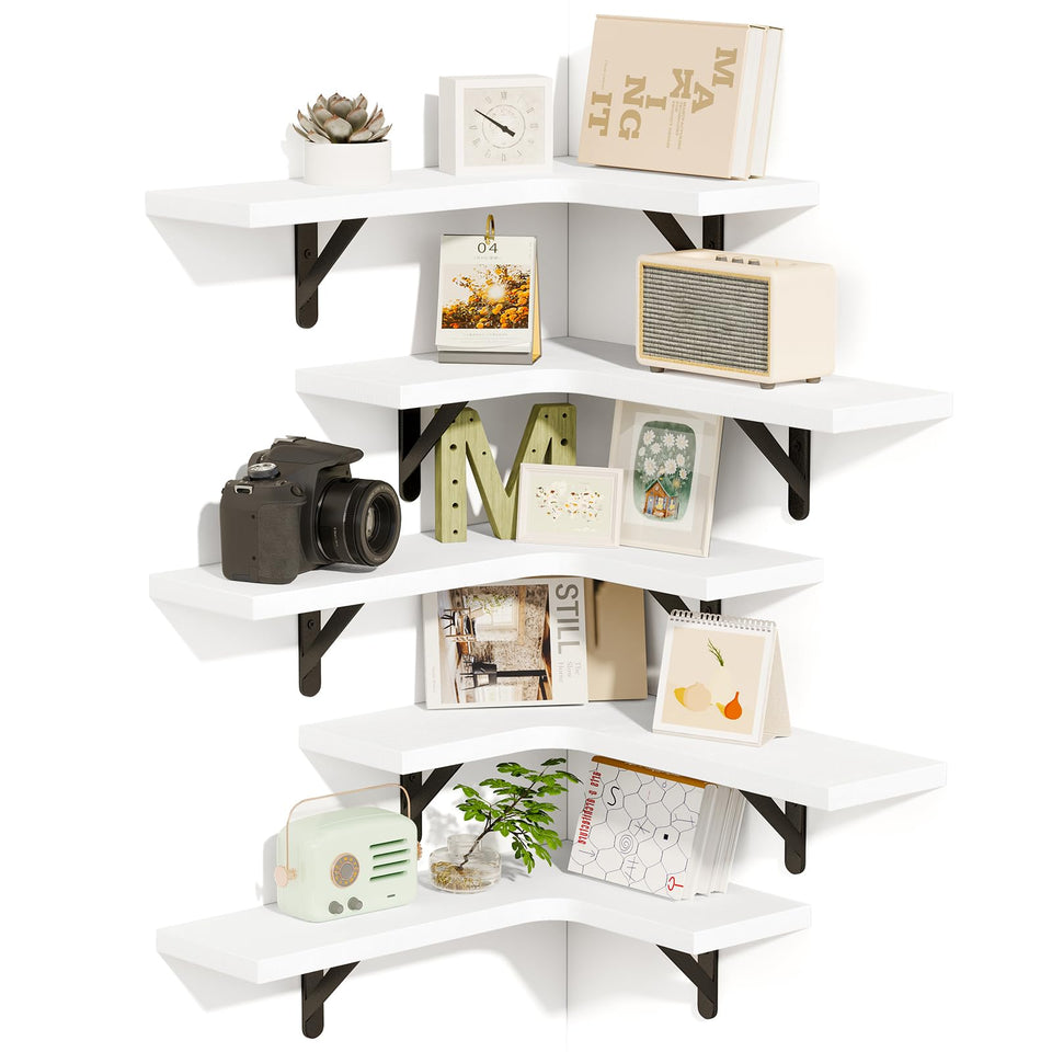Fixwal floating shelves set 5 mounted in bathroom corner for extra storage.