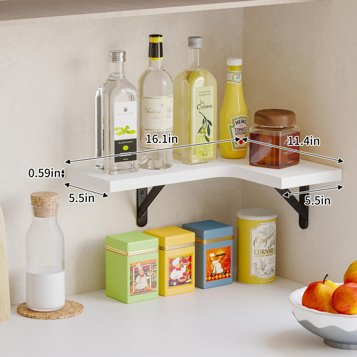 Fixwal corner shelves in kitchen help organize spices and cups.