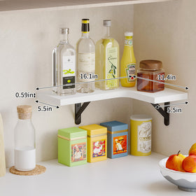 Fixwal corner shelves in kitchen help organize spices and cups.