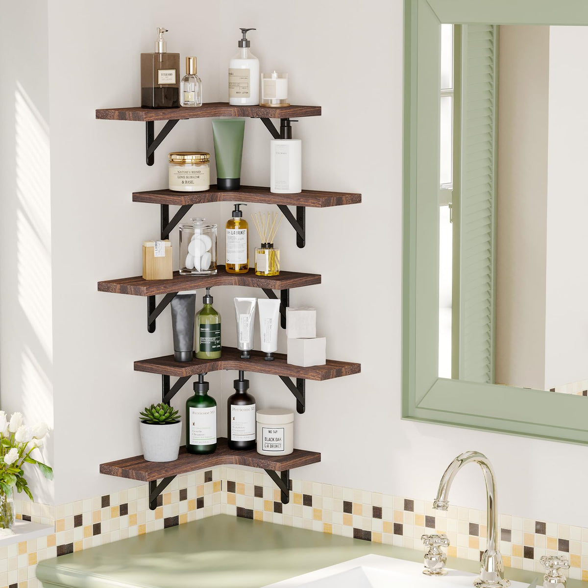 Fixwal living room shelves displaying plants and photos with warm finish