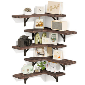 Fixwal rustic walnut corner shelves in a corner view offering space-saving storage