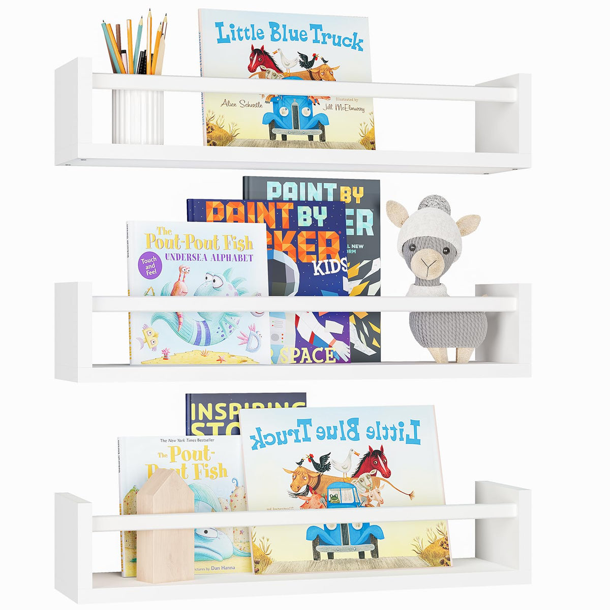 Fixwal white floating shelves on wall showcasing space-saving nursery storage