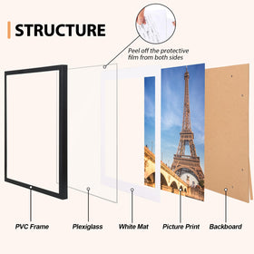 Fixwal frames with hanging hardware and back stand for versatile display.