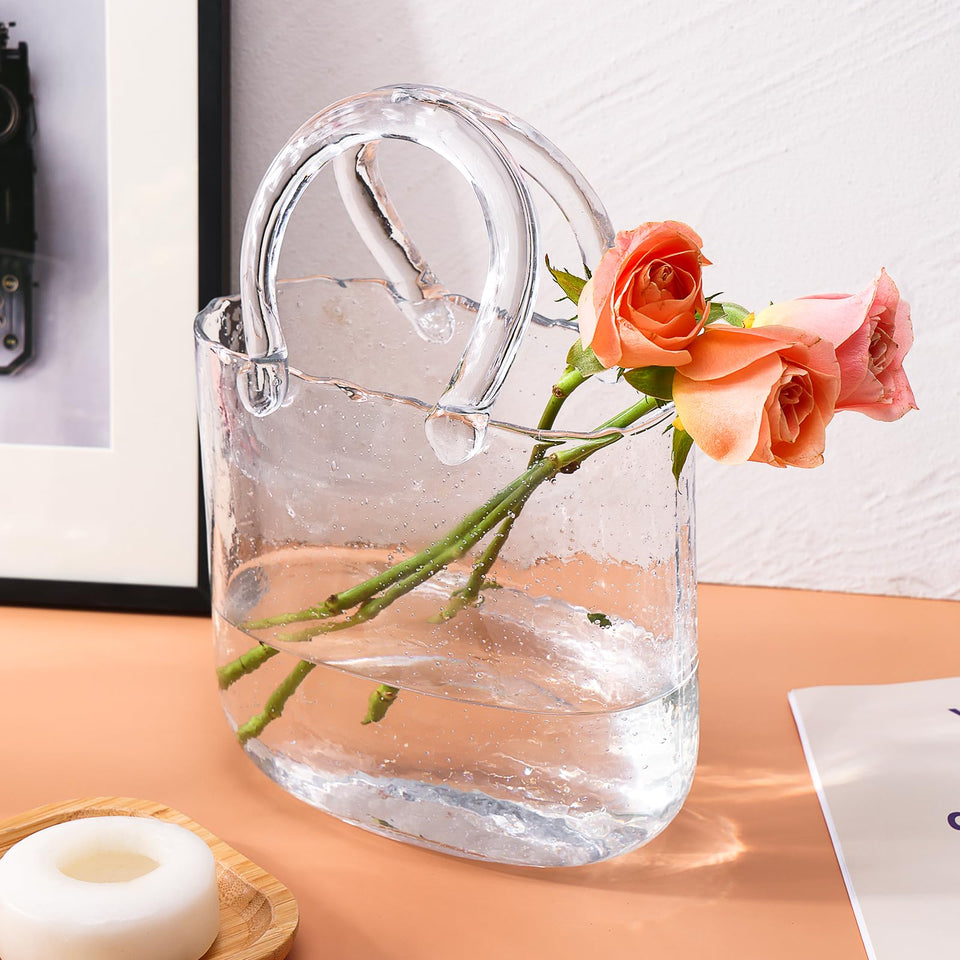 Fixwal Glass Purse Vase with handbag handle, ideal for elegant centerpieces