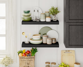 Fixwal kitchen spice storage on wall shelves for organized cooking.
