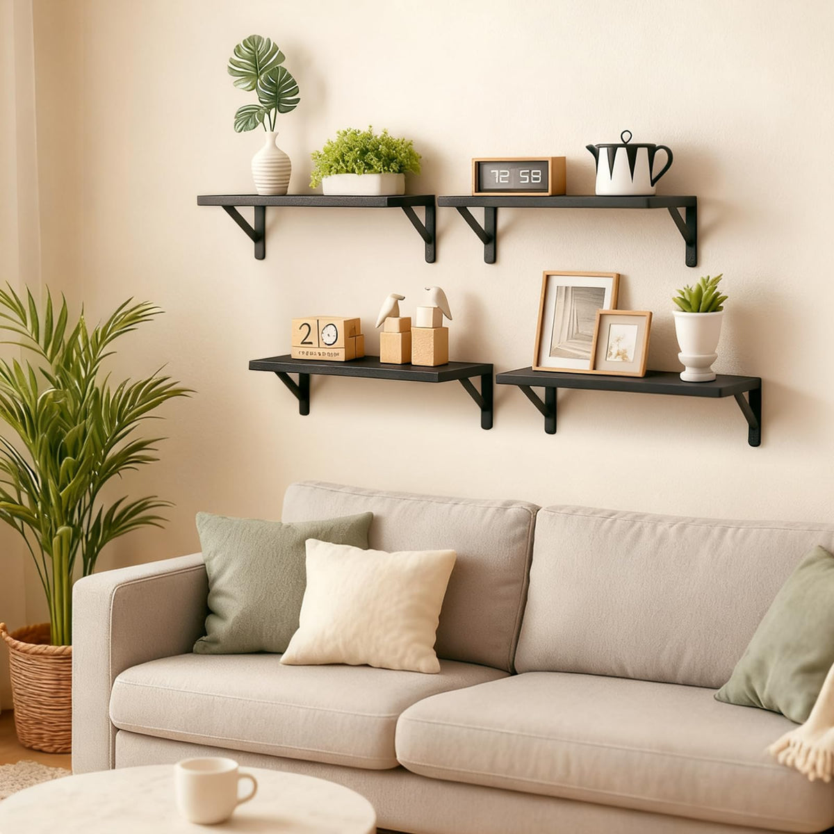 Fixwal living room accent shelves for plants, books, and decor.