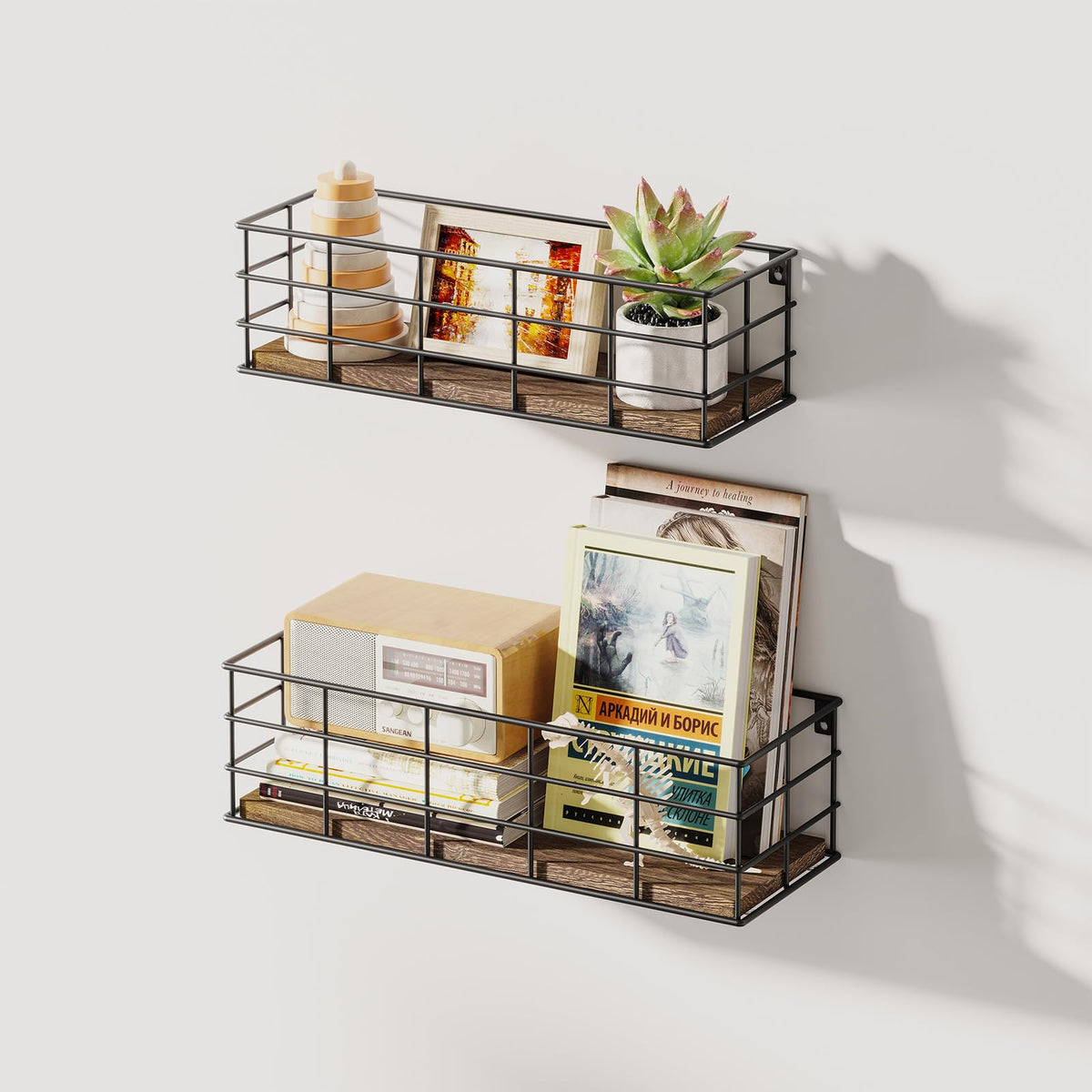 Fixwal living room decor on shelves featuring plants and art.