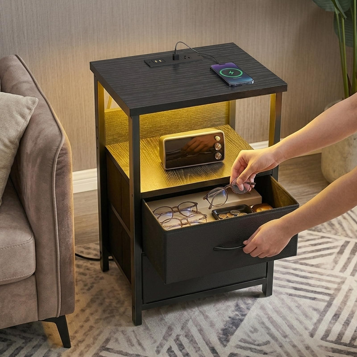 Fixwal modern-black end table combines style with two fabric drawers.