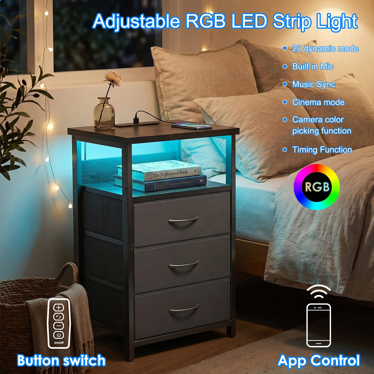 Fixwal nightstand open shelf and two-layer wood shelf for versatile display.