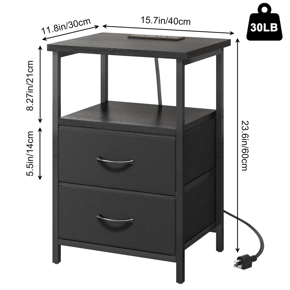 Fixwal Night Stand with Charger Station side view shows two outlets for bedside charging
