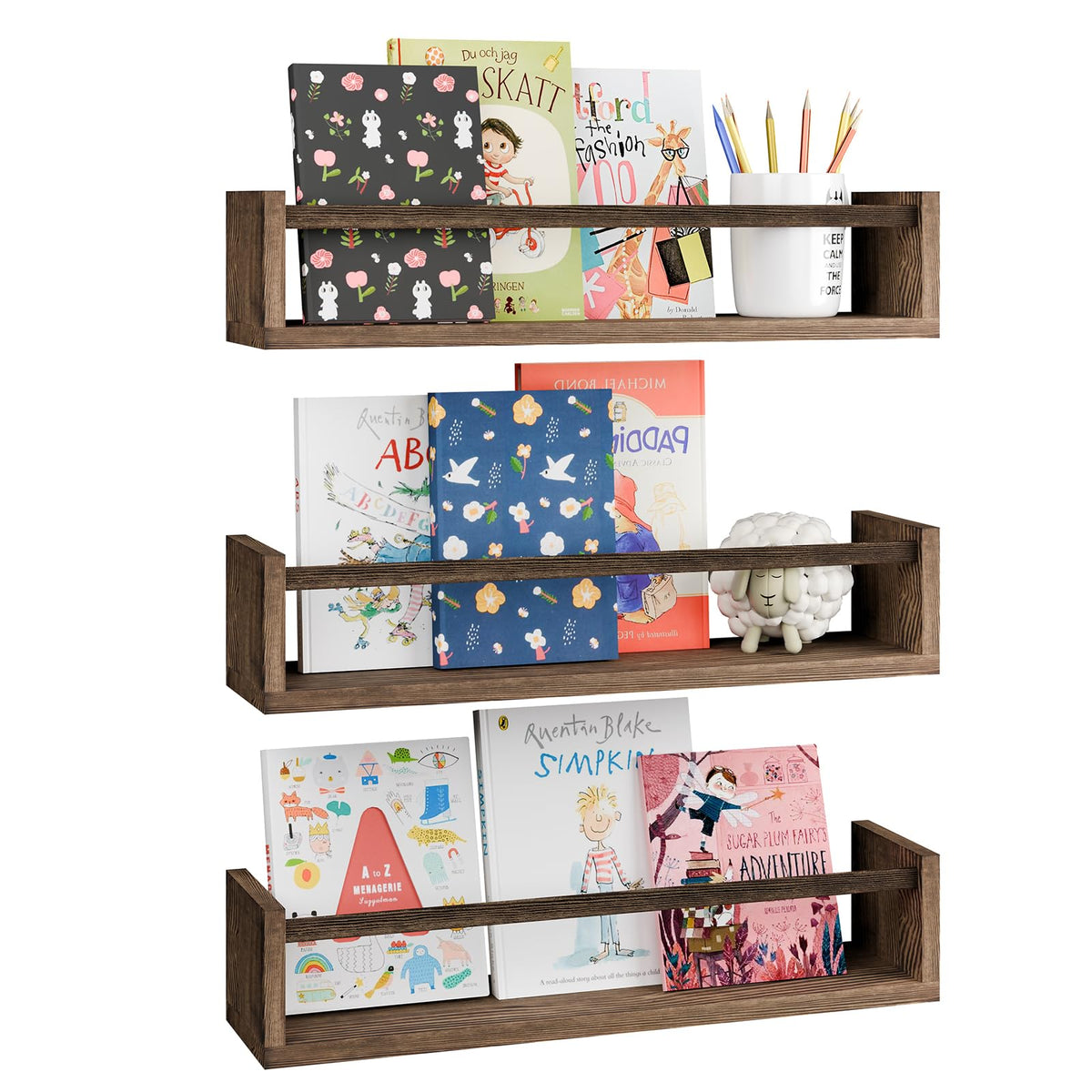 Fixwal nursery book shelves set of 3 in brown for organized books.