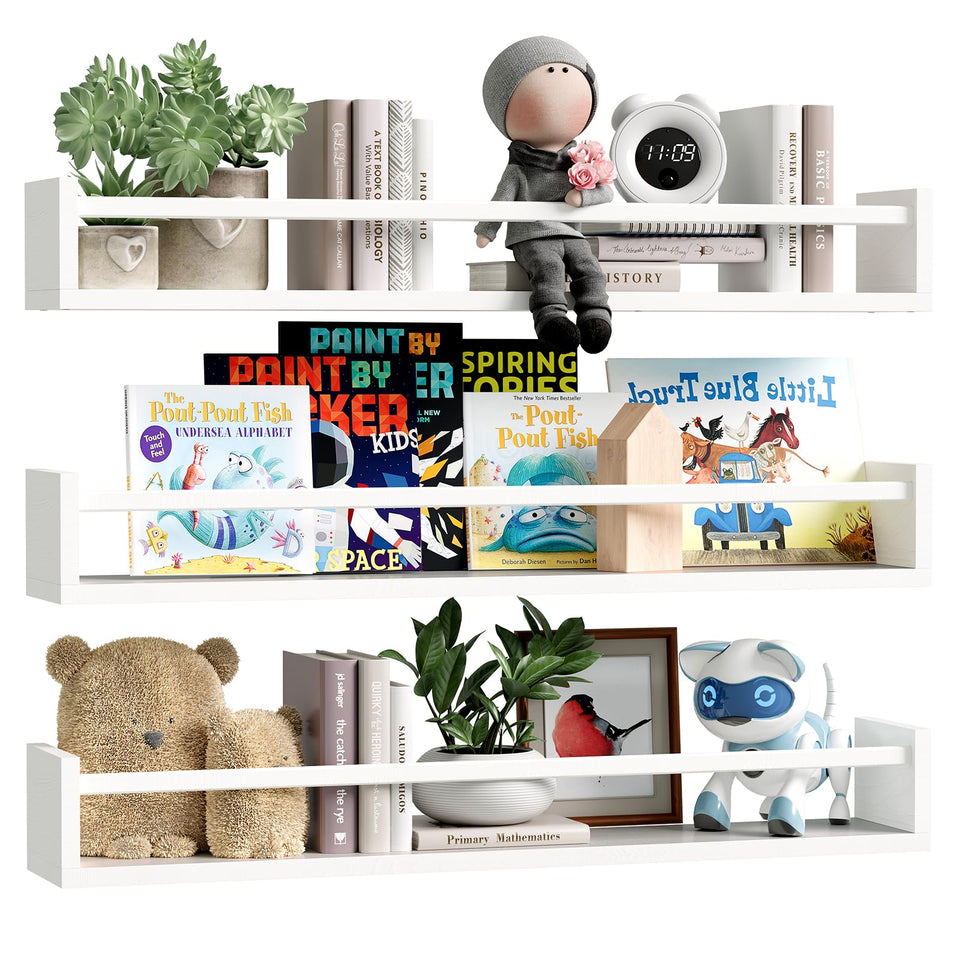 Fixwal nursery book shelves 3-pack white mounted on wall for organized kids books and toys