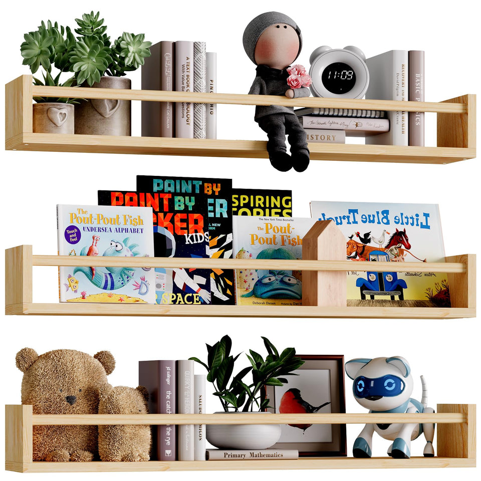 Fixwal nursery book shelves 3-pack mounted on wall for organized children's books and decor.