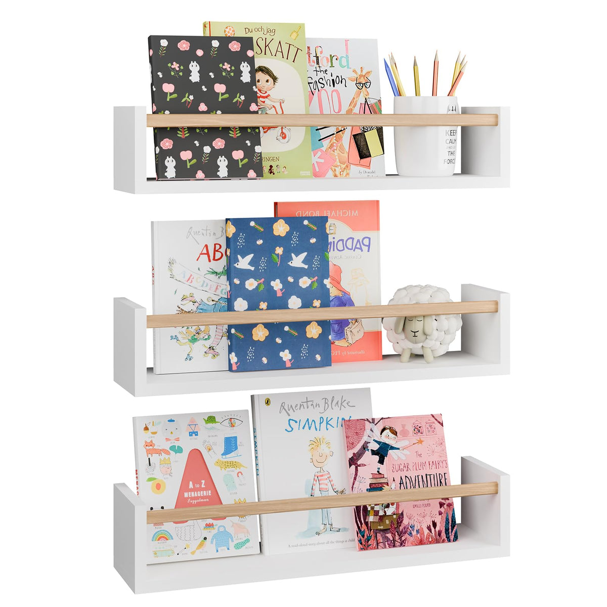 Fixwal nursery bookshelves trio in white wall display for children's books