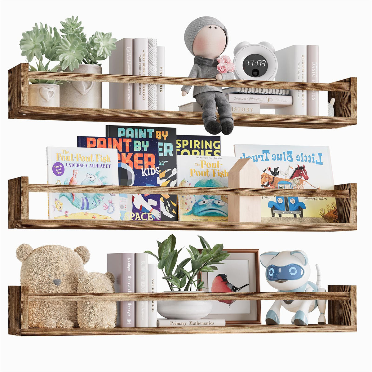 Fixwal nursery floating book shelves brown 3-pack for organized kids' books.