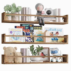 Fixwal nursery floating book shelves brown 3-pack for organized kids' books.