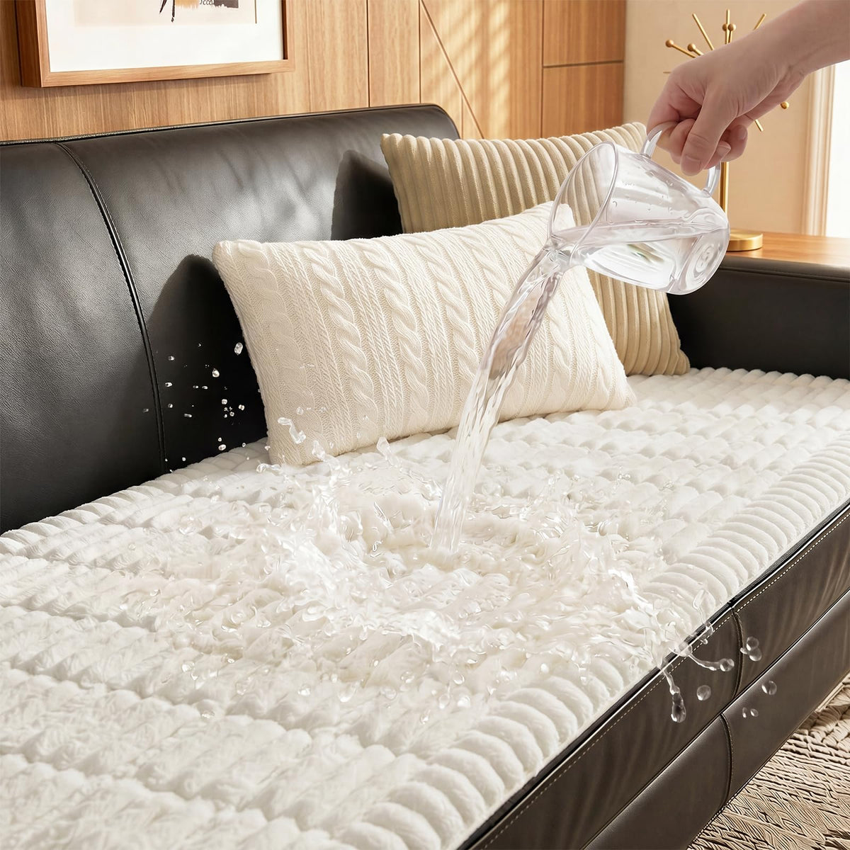 Fixwal pet-friendly couch cover with waterproof backing protecting sofa from spills.