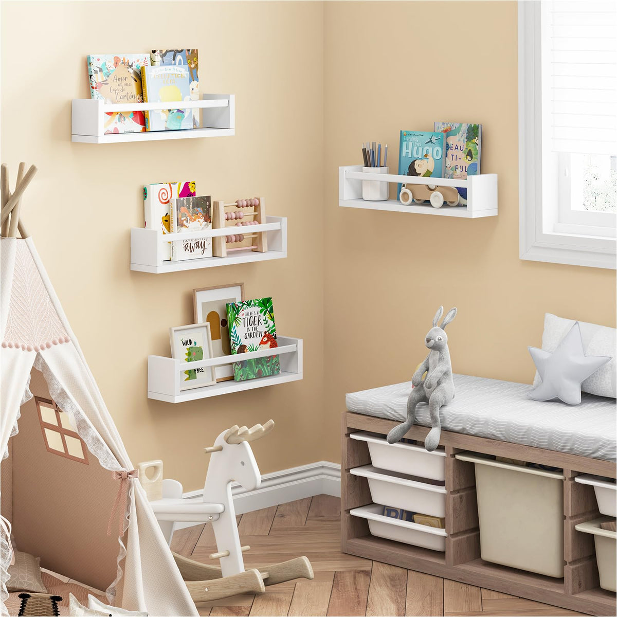 Fixwal playroom decor shelves solid pine holds toys and books for easy reach.