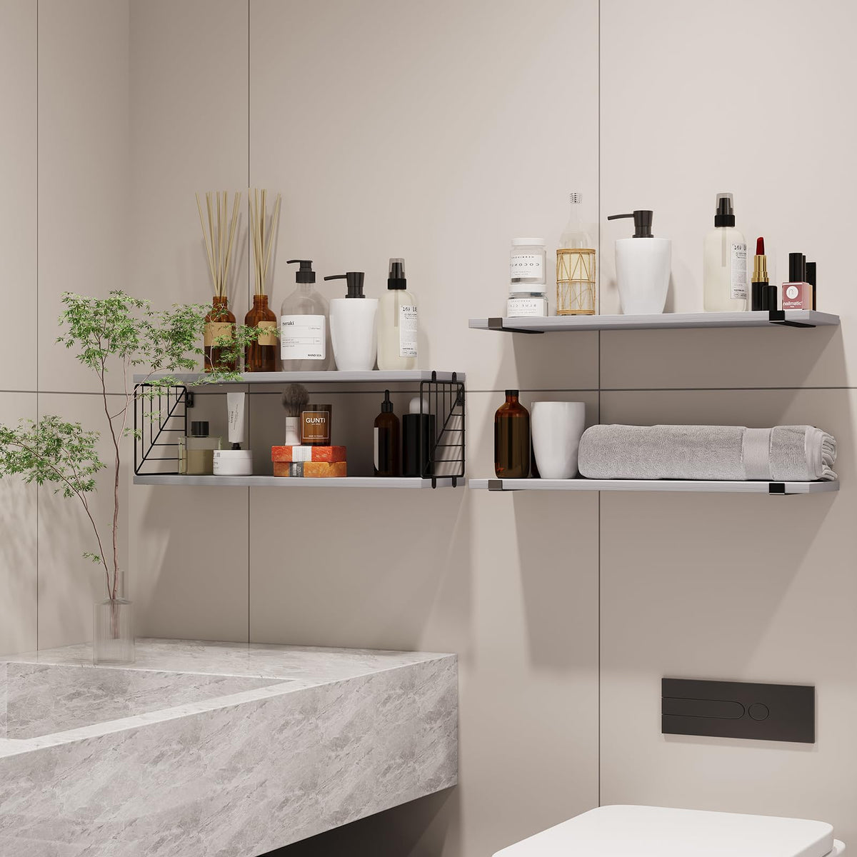Fixwal shelves featuring leaf-style ironwork accent and sturdy support