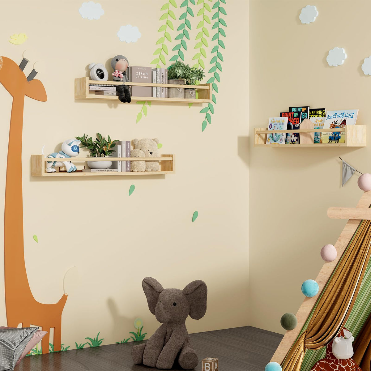 Fixwal shelves used upside down provide convenient clothing storage for kids.