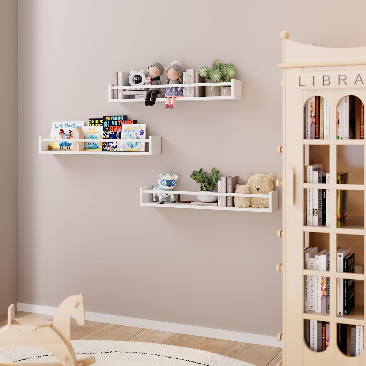 Fixwal solid pine wood shelves elevate nursery decor while keeping essentials within reach
