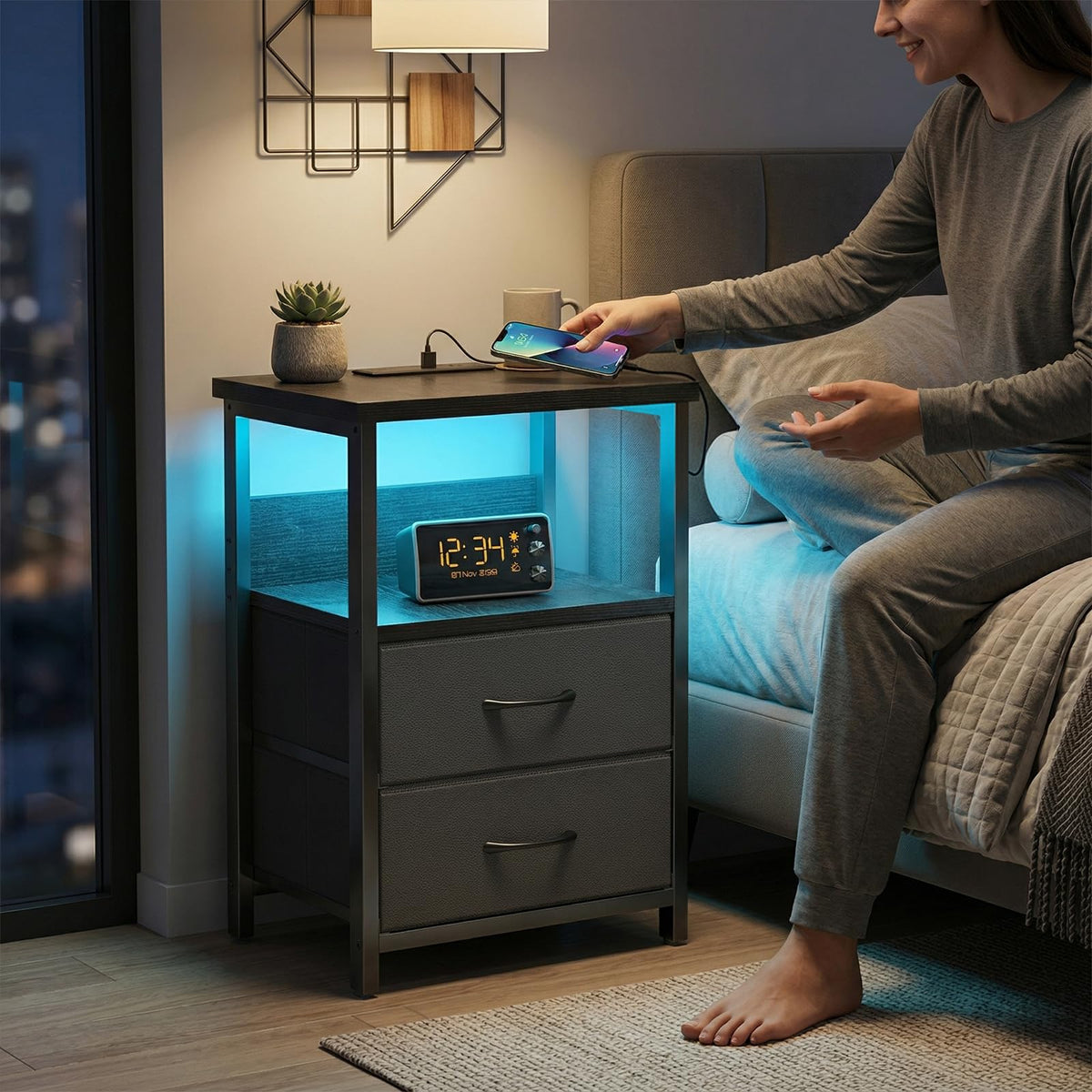Fixwal sturdy nightstand features a metal frame for lasting durability beside the bed.