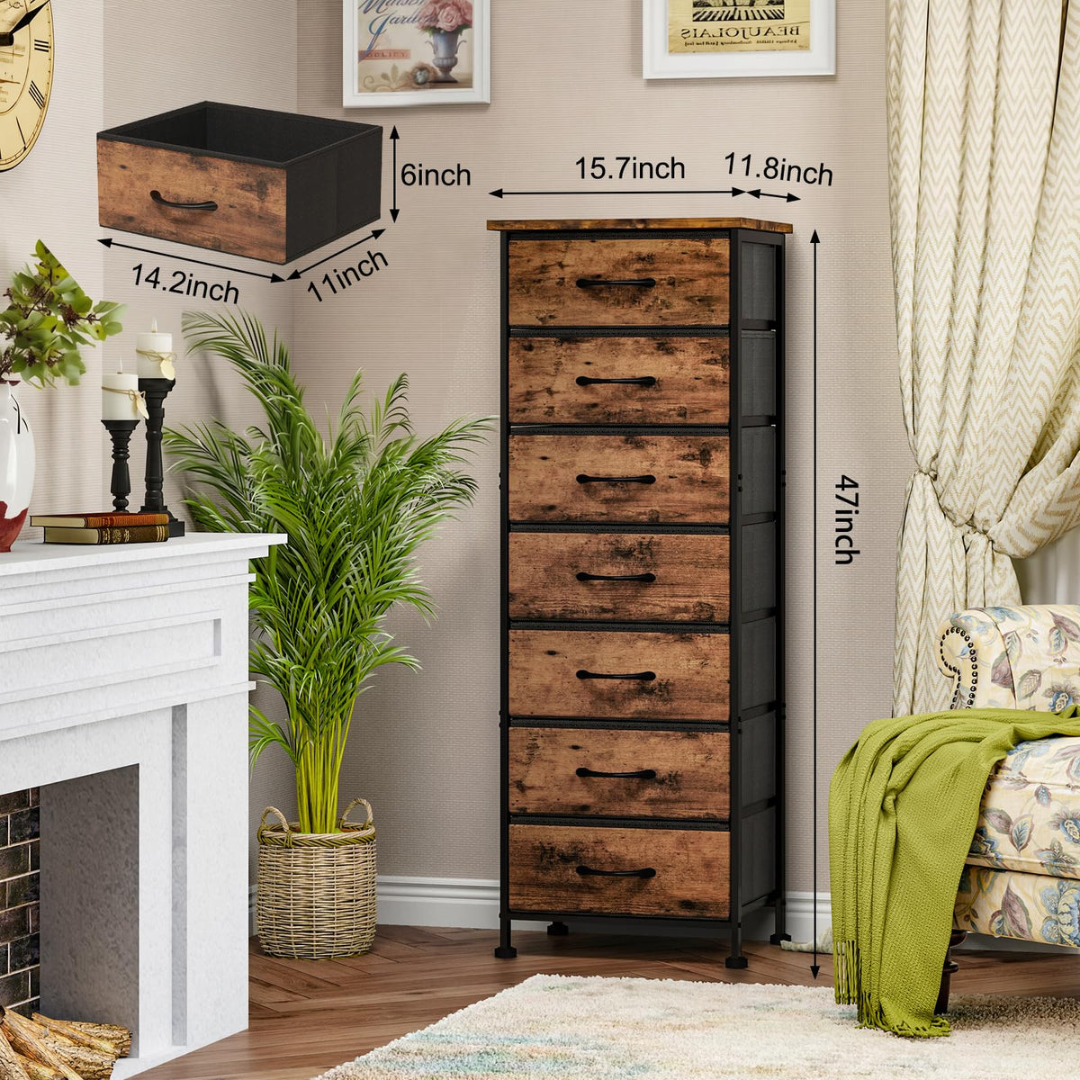 Fixwal tall dresser drawer closeup reveals fabric drawers and easy organization in a bedroom.