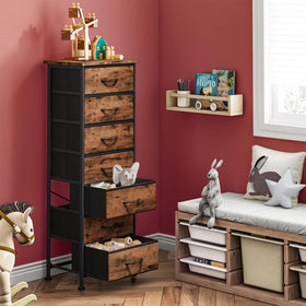 Fixwal tall dresser in bedroom demonstrates space-efficient seven-drawer storage.