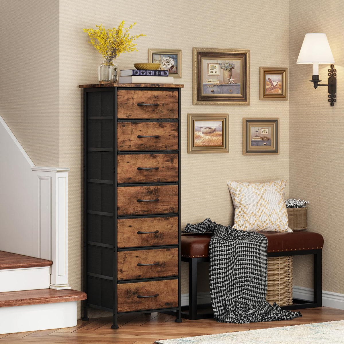 Fixwal tall dresser wood grain finish complements rustic decor in living rooms.
