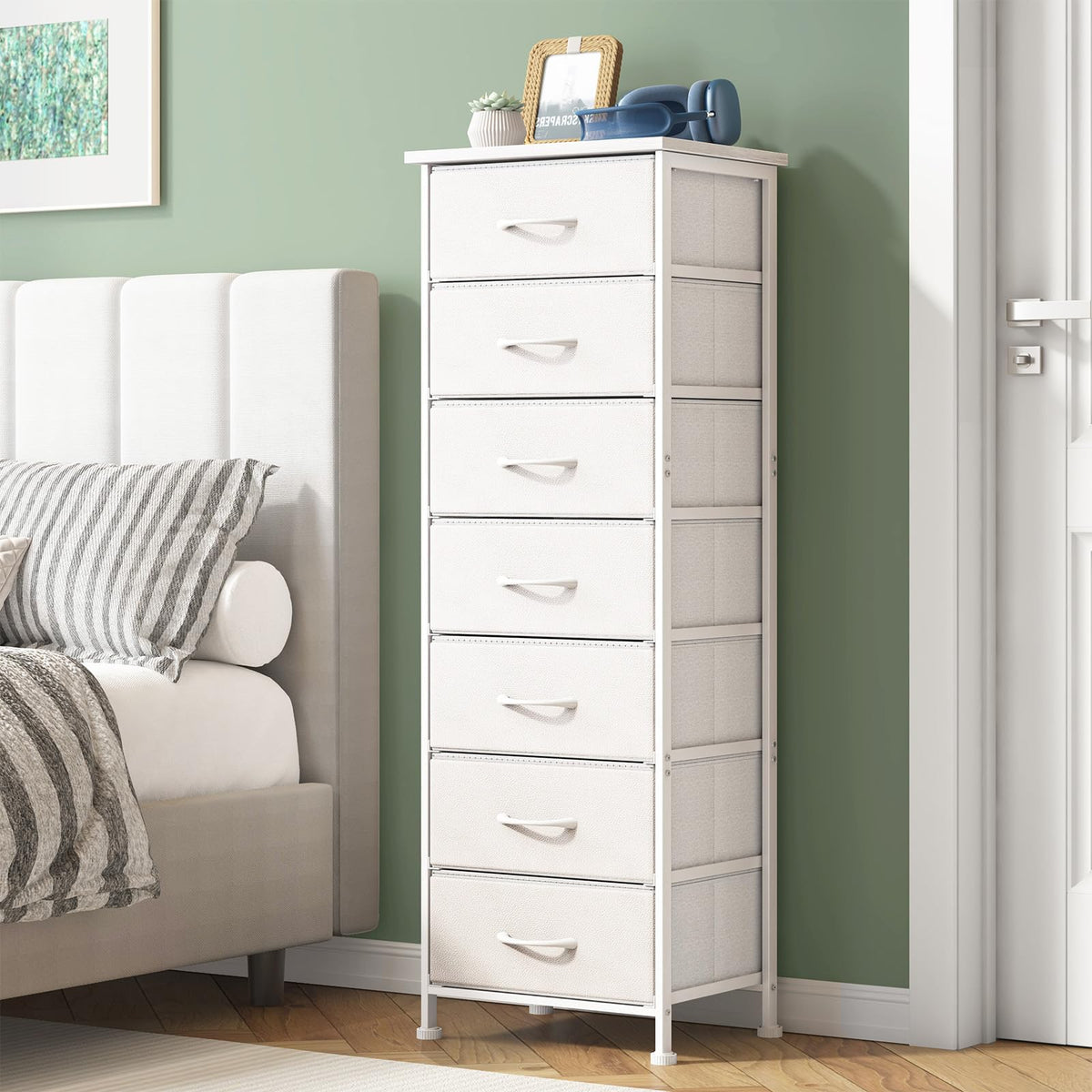 Fixwal tall white dresser front view with seven fabric drawers for organized storage
