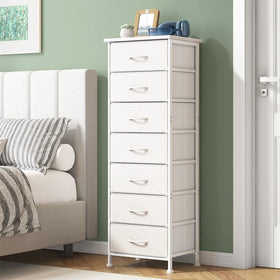 Fixwal tall white dresser front view with seven fabric drawers for organized storage